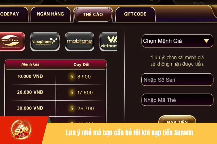Lưu ý nhỏ mà bạn cần bỏ túi khi nạp tiền Sunwin